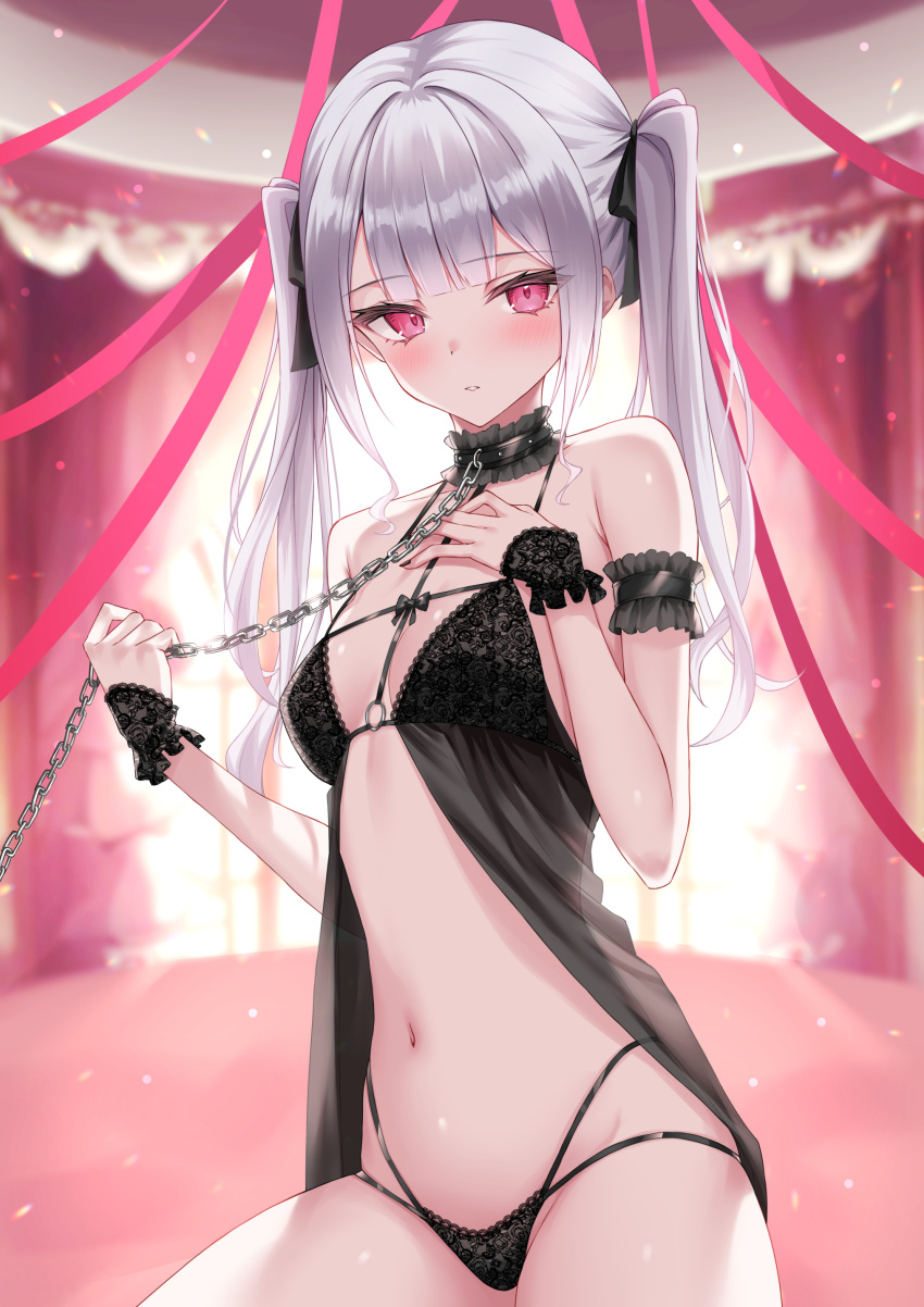 1girl absurdres arm_strap bare_shoulders black_babydoll black_collar black_nails black_panties blurry blurry_background blush breasts chain collar curtains hands_up highres holding holding_chain lingerie lis_111 long_hair navel neck_garter original panties parted_lips pink_eyes red_ribbon ribbon sidelocks small_breasts stomach twintails underwear white_hair