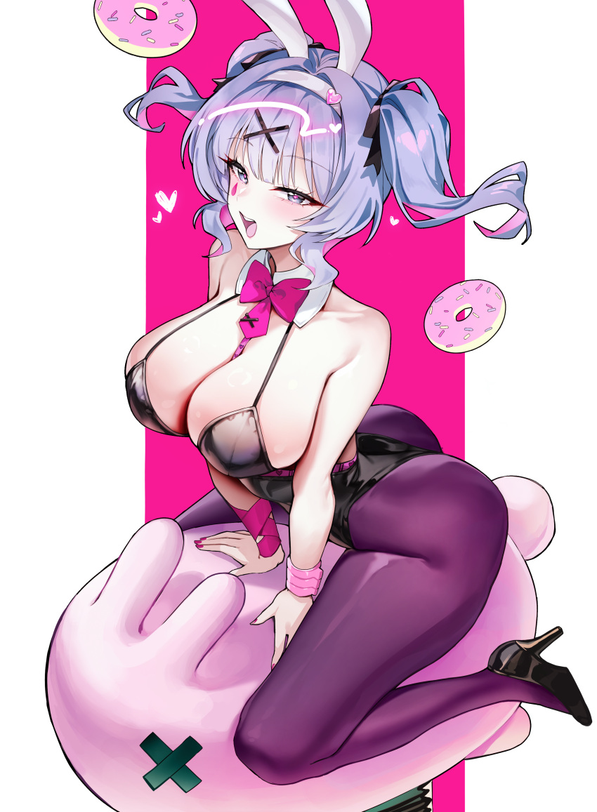 1girl absurdres animal_ears bare_shoulders black_leotard blue_eyes blush bow bowtie breasts commentary detached_collar fake_animal_ears hair_ornament hatsune_miku heart highres large_breasts leotard looking_at_viewer open_mouth pantyhose picter playboy_bunny rabbit_ears rabbit_hole_(vocaloid) smile solo teardrop_facial_mark thighs twintails vocaloid x_hair_ornament