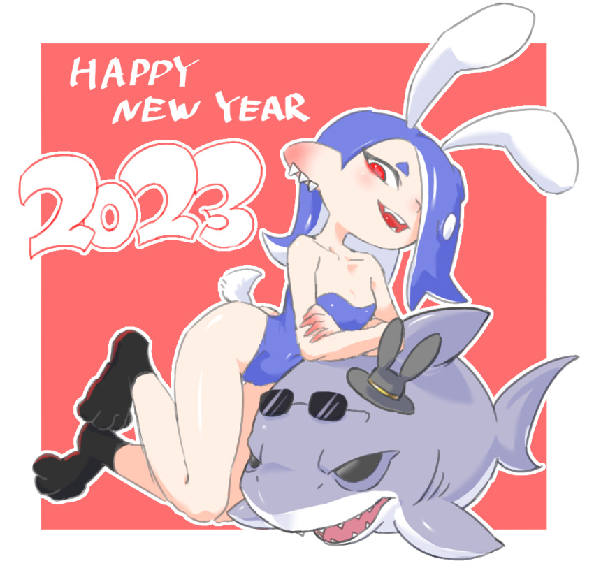 2023 abe_(pixiv_89244231) animal_ears black_footwear black_headwear blue_hair blue_leotard border collarbone commentary_request eyelashes eyewear_on_head fake_animal_ears hair_over_one_eye happy_new_year hat leotard medium_hair octoling open_mouth outside_border playboy_bunny rabbit_ears red_background red_eyes shark shiver_(splatoon) simple_background smile splatoon_(series) splatoon_3 stuffed_animal stuffed_shark stuffed_toy sunglasses teeth tentacle_hair thick_eyebrows white_border