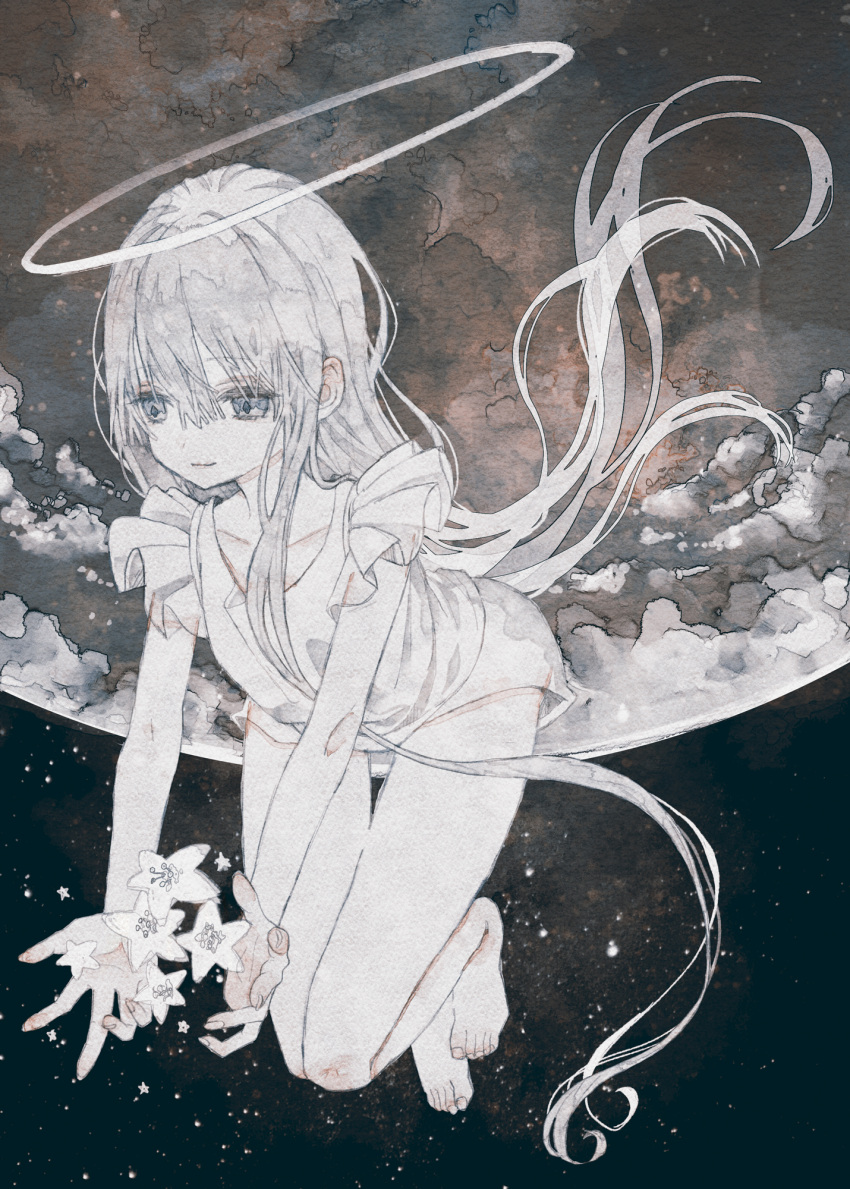 1girl angel bare_legs barefoot closed_mouth cloud collarbone dress floating flower full_body grey_eyes hair_between_eyes halo highres holding holding_flower long_hair moon original oseto_(oxxsexxto) painting_(medium) pale_skin sky sleeveless solo star_(sky) traditional_media very_long_hair watercolor_(medium) white_dress white_flower white_hair