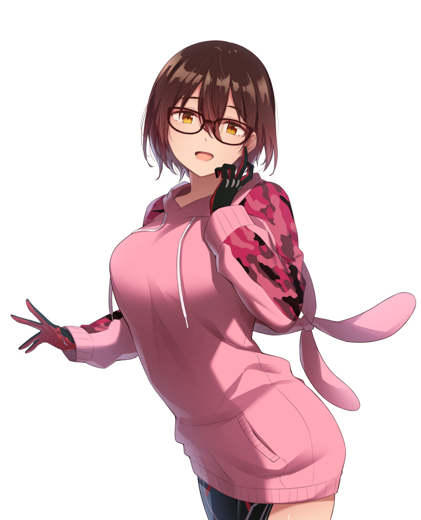 1girl absurdres android bangs black-framed_eyewear breasts brown_hair camouflage commentary_request glasses gradient_hair hair_between_eyes highres hololive hood hoodie large_breasts looking_at_viewer mechanical_arms mozuku_(honida1215) multicolored_hair no_pants open_mouth roboco-san short_hair smile solo sweatshirt virtual_youtuber yellow_eyes
