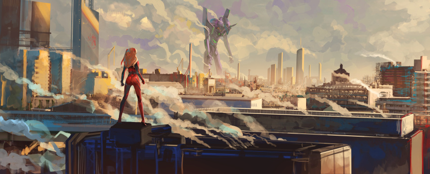 1girl absurdres advarcher arms_at_sides bodysuit building cityscape cloud cloudy_sky commentary_request crane_(machine) eva_01 evangelion_(mecha) facing_away hairpods highres horns interface_headset legs_apart long_hair mecha neon_genesis_evangelion nerv orange_hair outdoors pilot_suit plugsuit red_bodysuit robot rooftop scenery science_fiction single_horn sky skyscraper smoke souryuu_asuka_langley standing super_robot
