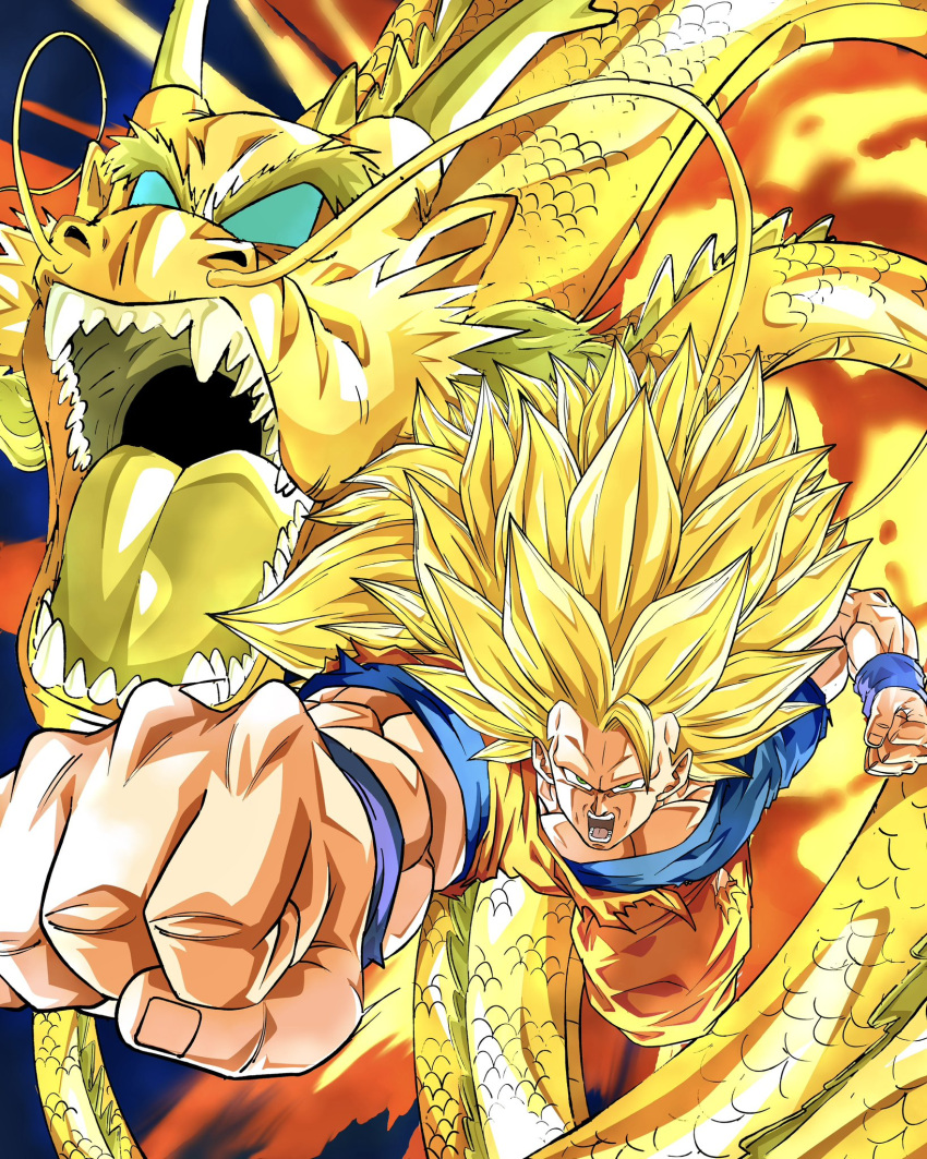 1boy blonde_hair blue_wristband clenched_hand dougi dragon dragon_ball dragon_ball_z dragon_fist_(dragon_ball) dragon_horns eastern_dragon explosion green_eyes highres horns long_hair male_focus muscular muscular_male no_eyebrows no_pupils official_style oharu2000 open_mouth punching sharp_teeth shenron_(dragon_ball) son_goku spiked_hair super_saiyan super_saiyan_3 teeth toriyama_akira_(style) torn_clothes very_long_hair whiskers yellow_scales