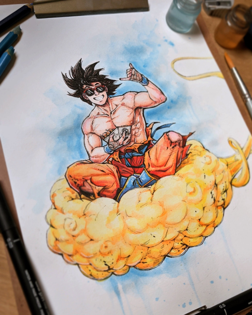 1boy absurdres black_hair colored_pencil_(medium) dougi dragon_ball dragon_ball_z food full_body grin highres l.r.silva looking_at_viewer male_focus muscular muscular_male nipples pants pectorals photo_(medium) simple_background sitting smile solo son_goku spiked_hair sunglasses topless_male traditional_media