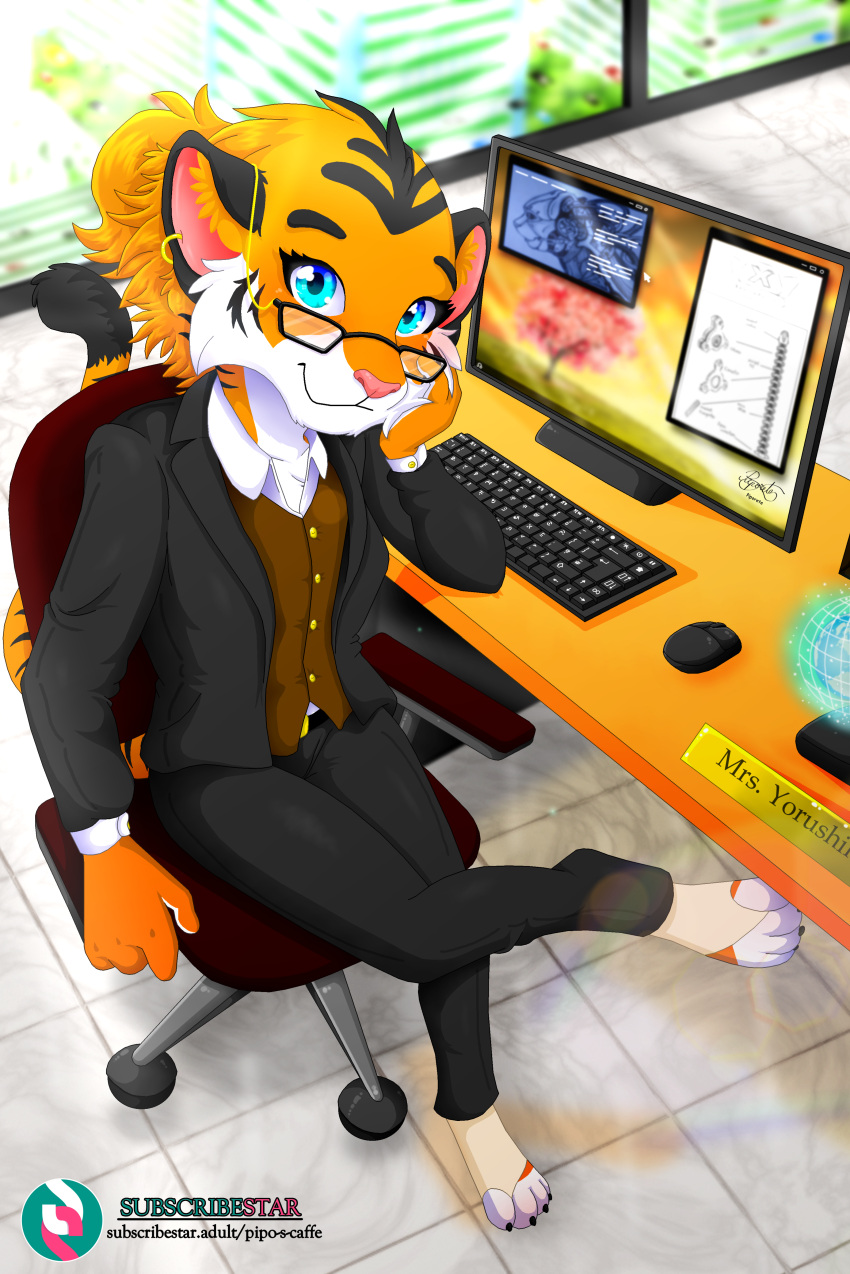 absurd_res anthro blue_eyes building chair clothed clothing computer computer_mouse day desk detailed_background digital_media_(artwork) ear_piercing ear_ring eyewear felid feline female fur furniture glasses hi_res inside keyboard light looking_at_viewer mammal monitor mrs. office office_chair office_clothing orange_body orange_fur pantherine piercing piporete ring_piercing signature sitting solo suit sunlight table text tiger url yorushika