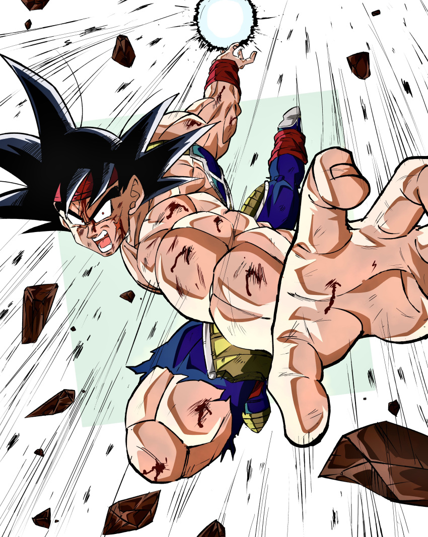 1boy absurdres armor bardock battle_damage black_hair blood blood_on_arm blood_on_leg broken_armor cross_scar debris dragon_ball dragon_ball_z emphasis_lines energy_ball headband highres incoming_attack injury looking_at_viewer male_focus muscular muscular_male official_style oharu2000 open_hand open_mouth red_eyes red_headband red_wristband saiyan saiyan_armor scar scar_on_cheek scar_on_face solo spiked_hair toriyama_akira_(style) torn_clothes white_background wristband