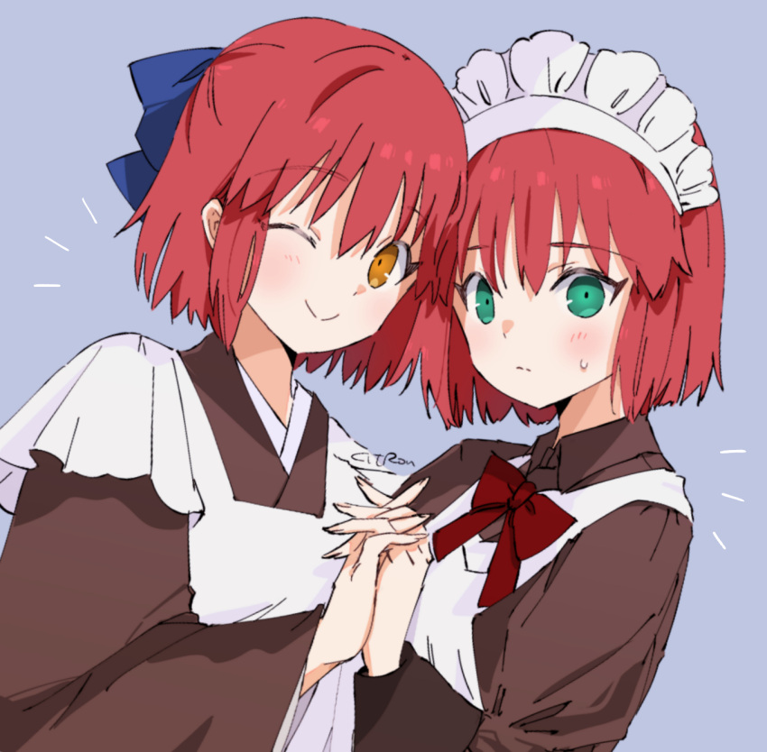 2girls ;&gt; apron artist_name blue_background blue_bow blush bow bowtie citron80citron green_eyes hair_bow highres hisui_(tsukihime) holding_hands kohaku_(tsukihime) looking_at_viewer maid_apron maid_headdress multiple_girls one_eye_closed red_bow red_bowtie short_hair siblings sisters smile sweatdrop tsukihime tsukihime_(remake) upper_body wa_maid wide_sleeves