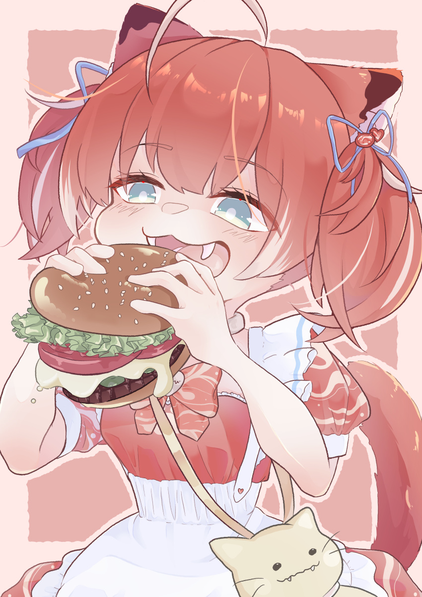 1girl :3 absurdres ahoge akami_karubi animal_ears apron bag blue_eyes bow brown_hair burger cat_ears cat_girl cat_tail chibi dress eating fang fangs food hair_ribbon highres holding holding_food indie_virtual_youtuber n_koke_t open_mouth puffy_sleeves red_dress ribbon short_sleeves smile solo tail tomato twintails virtual_youtuber white_apron