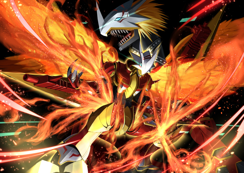 absurdres ancientgreymon arm_cannon artist_logo bakeneko38 blonde_hair blue_eyes commission dark_background digimon digimon_(creature) dragon feathered_wings fiery_wings fire highres sharp_teeth short_hair skeb_commission spiked_hair teeth vritramon weapon wings