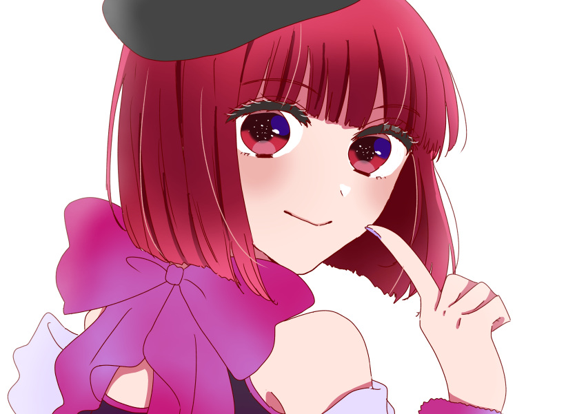1girl absurdres arima_kana back_bow beret black_headwear blunt_bangs blunt_ends blush bob_cut bow closed_mouth commentary_request eyelashes fingernails from_behind hand_up hat highres index_finger_raised looking_at_viewer looking_back nail_polish oshi_no_ko portrait purple_bow purple_nails red_eyes red_hair simple_background smile solo turning_head white_background xto4k