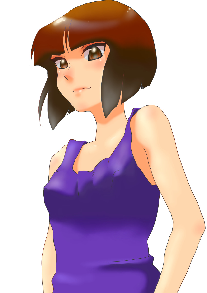 1girl absurdres arms_at_sides bad_id bad_pixiv_id bare_shoulders blunt_bangs blunt_ends bob_cut breasts brown_eyes brown_hair closed_mouth commentary highres inverted_bob medium_breasts purple_tank_top ranma_1/2 solo tank_top tendou_nabiki transparent_background upper_body yokoyama_yoko