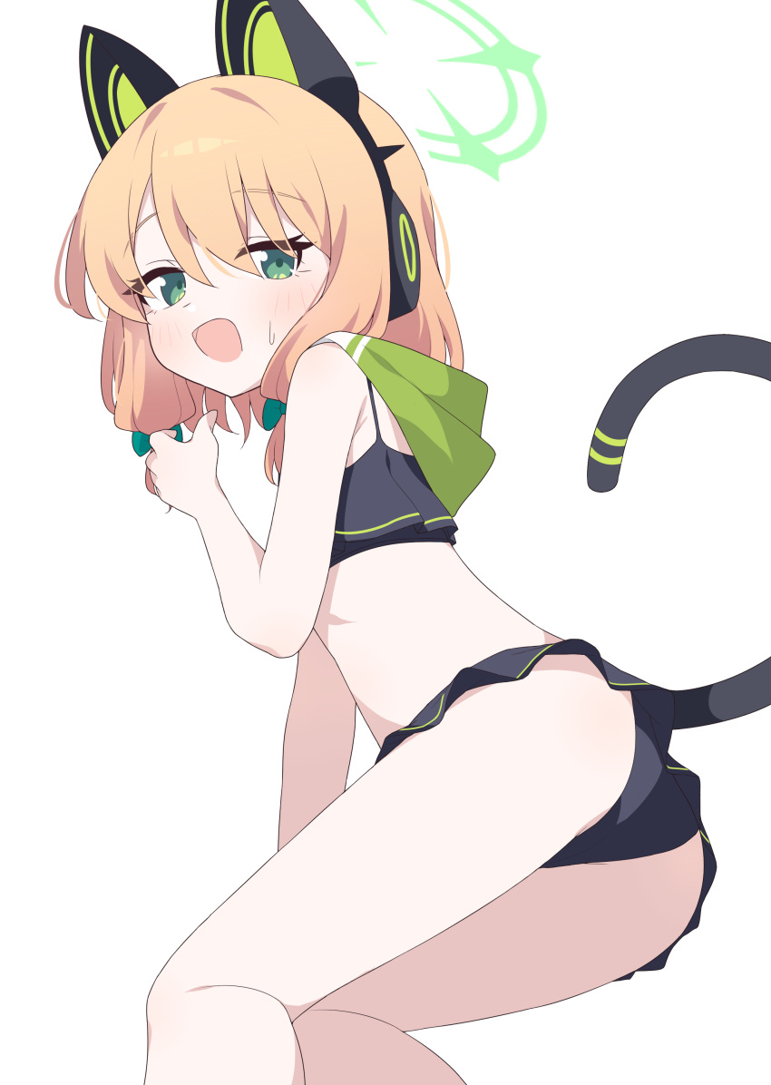 1girl absurdres animal_ear_headphones animal_ears ass bare_arms bare_legs bikini black_bikini blonde_hair blue_archive blush cat_tail fake_animal_ears feet_out_of_frame frilled_bikini frills green_eyes green_halo hagoonha halo headphones highres midori_(blue_archive) open_mouth short_hair simple_background smile solo swimsuit tail white_background