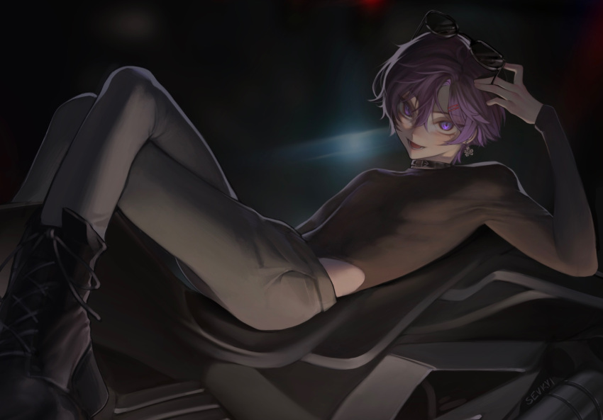 1boy artist_name belt_collar black_footwear black_shirt blush boots collar compression_shirt dark_background drop_earrings earrings eyewear_on_head fang full_body grey_pants highres indie_virtual_youtuber jewelry long_sleeves looking_at_viewer lower_teeth_only lying male_focus motor_vehicle motorcycle on_back open_mouth pants purple_eyes purple_hair sevkyi shirt short_hair shoto_(vtuber) smile solo sunglasses teeth tight_clothes tight_shirt tongue
