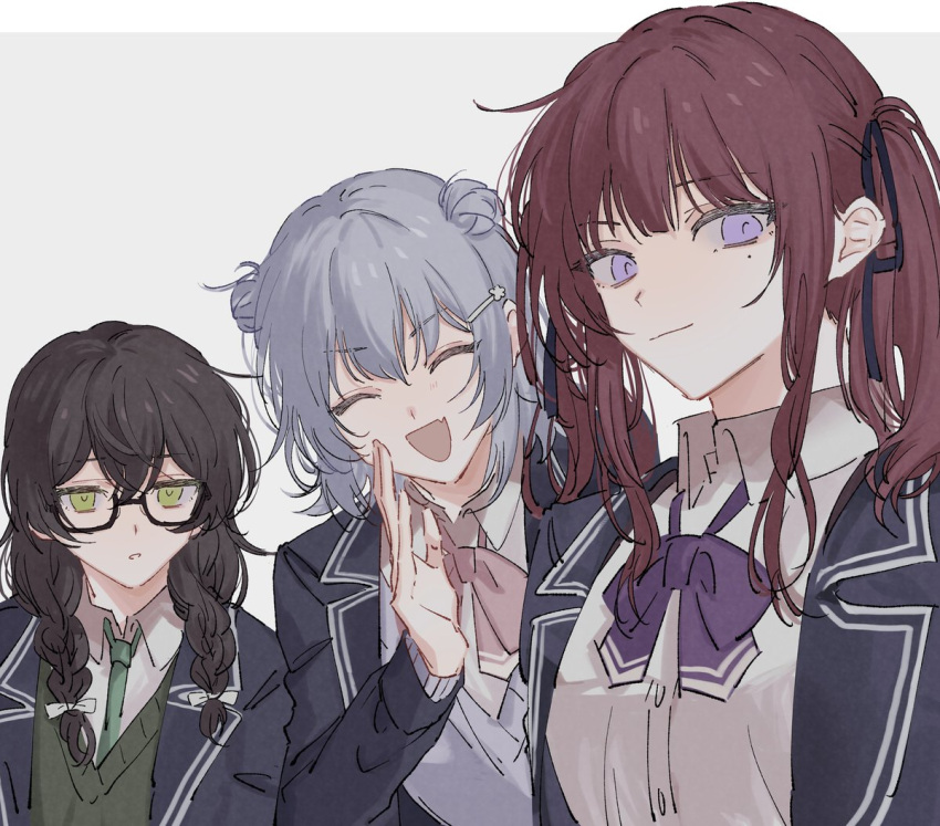 3girls ^_^ black_hair blazer blue_hair blue_jacket bow bowtie braid brown_hair cevio closed_eyes closed_mouth collared_shirt commentary_request double_bun dress_shirt fang glasses green_eyes green_sweater grey_background hair_between_eyes hair_bun hair_ornament hairclip hanakuma_chifuyu hirako_daishougun jacket koharu_rikka long_hair long_sleeves low_twin_braids mole mole_under_eye multiple_girls natsuki_karin open_mouth pink_bow pink_bowtie purple_bow purple_bowtie purple_eyes purple_sweater school_uniform shirt short_hair skin_fang smile sweater twin_braids twintails upper_body white_shirt