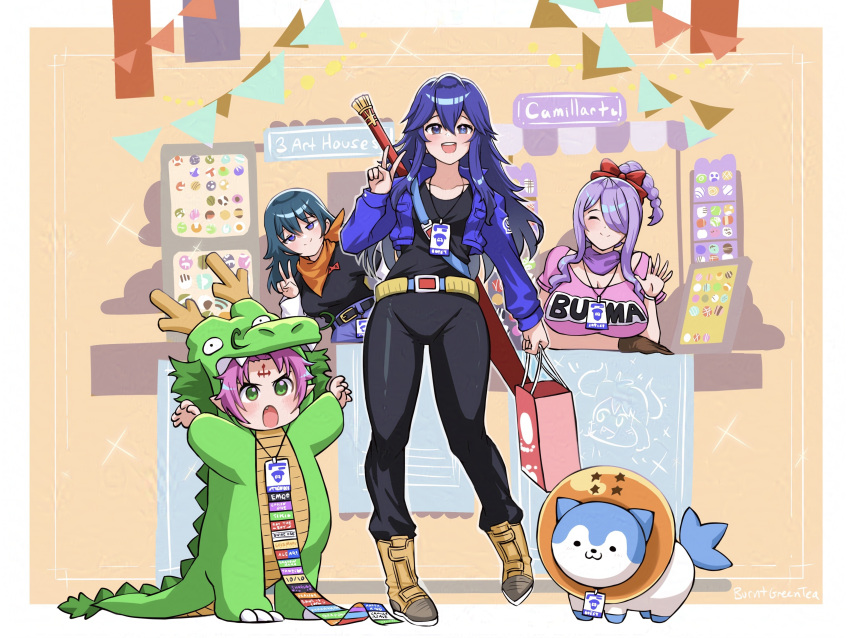 4girls absurdres android_17 android_17_(cosplay) bag bandana bandana_around_neck black_pants black_shirt blue_eyes blue_hair blue_jacket breasts bulma bulma_(cosplay) burnt_green_tea byleth_(female)_(fire_emblem) byleth_(fire_emblem) camilla_(fire_emblem) claw_pose cleavage closed_eyes collarbone copyright_name cosplay cropped_jacket dragon_ball dragon_ball_z facial_mark fae_(fire_emblem) fang fire_emblem fire_emblem:_the_binding_blade fire_emblem:_three_houses fire_emblem_awakening fire_emblem_engage fire_emblem_fates forehead_mark green_eyes hair_between_eyes hair_ribbon high_braid highres holding holding_bag jacket large_breasts long_hair lucina_(fire_emblem) multiple_girls open_clothes open_jacket orange_bandana pants pink_shirt pointy_ears ribbon roaring scabbard sheath shenron_(dragon_ball) shenron_(dragon_ball)_(cosplay) shirt smug sommie_(fire_emblem) sword sword_behind_back trunks_(dragon_ball) trunks_(future)_(dragon_ball) trunks_(future)_(dragon_ball)_(cosplay) v waving weapon