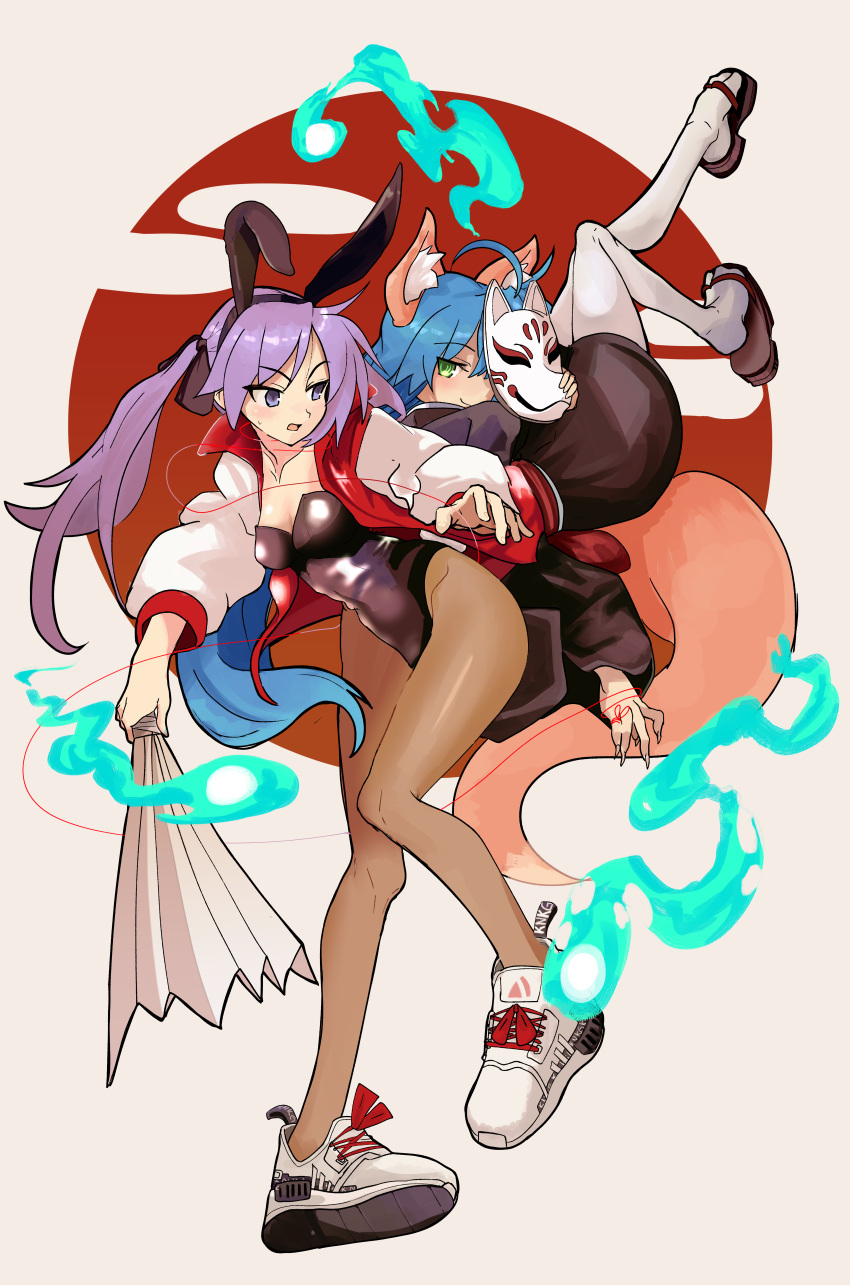 absurdres animal_ears blue_fire fire fox_ears fox_mask fox_tail hand_fan harisen highres hiiragi_kagami izumi_konata jacket japanese_clothes kimono lucky_star mask moccaexe open_clothes open_jacket pantyhose playboy_bunny rabbit_ears rabbit_tail shoes tail thighs