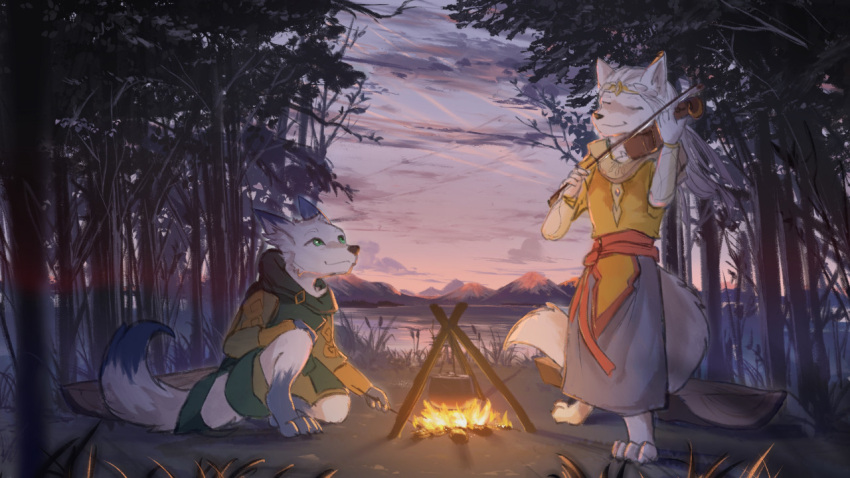 anthro bowed_string_instrument campfire canid canine canis duo female forest lake male male/female mammal mountain musical_instrument plant stampmats string_instrument sunset tree twilight violin wolf