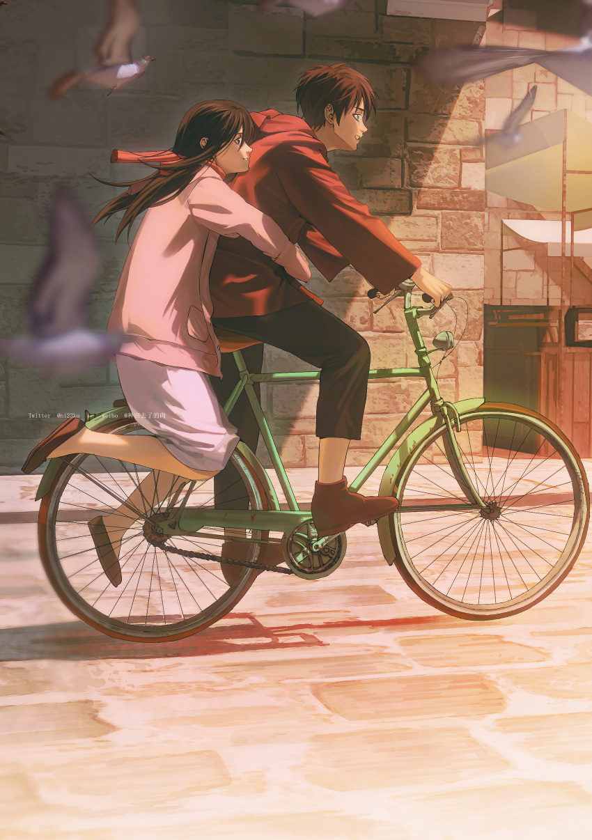 1boy 1girl absurdres bicycle bird black_hair brown_hair chinese_commentary commentary_request eren_yeager flats green_eyes highres hood hoodie hug hug_from_behind jacket long_hair medium_skirt mikasa_ackerman motion_blur multiple_riders niku_(ni23ku) pigeon pink_jacket purple_skirt red_hoodie red_scarf riding riding_bicycle scarf shingeki_no_kyojin skirt smile twitter_username weibo_username