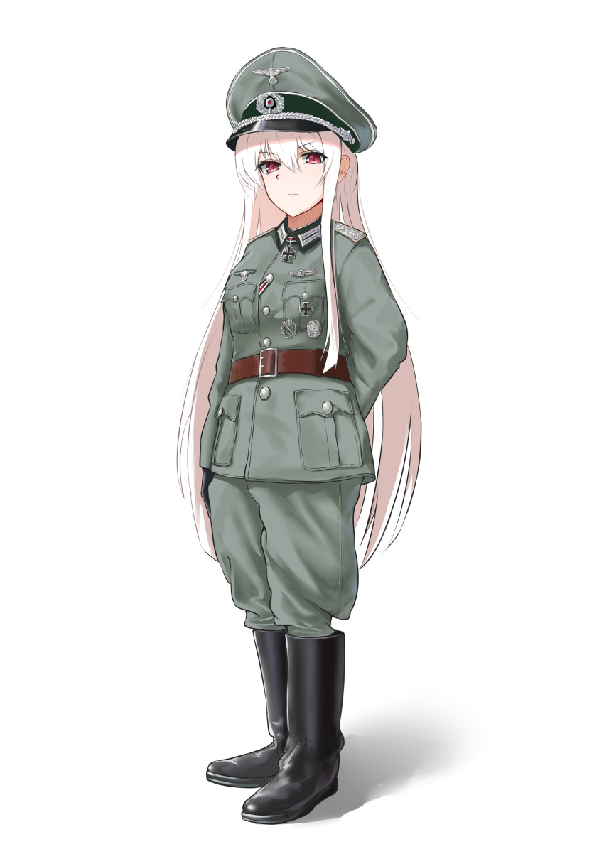 1girl absurdres alternate_costume arms_behind_back belt black_footwear boots breast_pocket brown_belt cross full_body girls'_frontline green_headwear green_jacket green_pants hair_between_eyes hat highres iron_cross jacket kar98k_(girls'_frontline) long_hair long_sleeves medal military military_jacket military_uniform pants peaked_cap pk-971 pocket red_eyes solo uniform white_hair