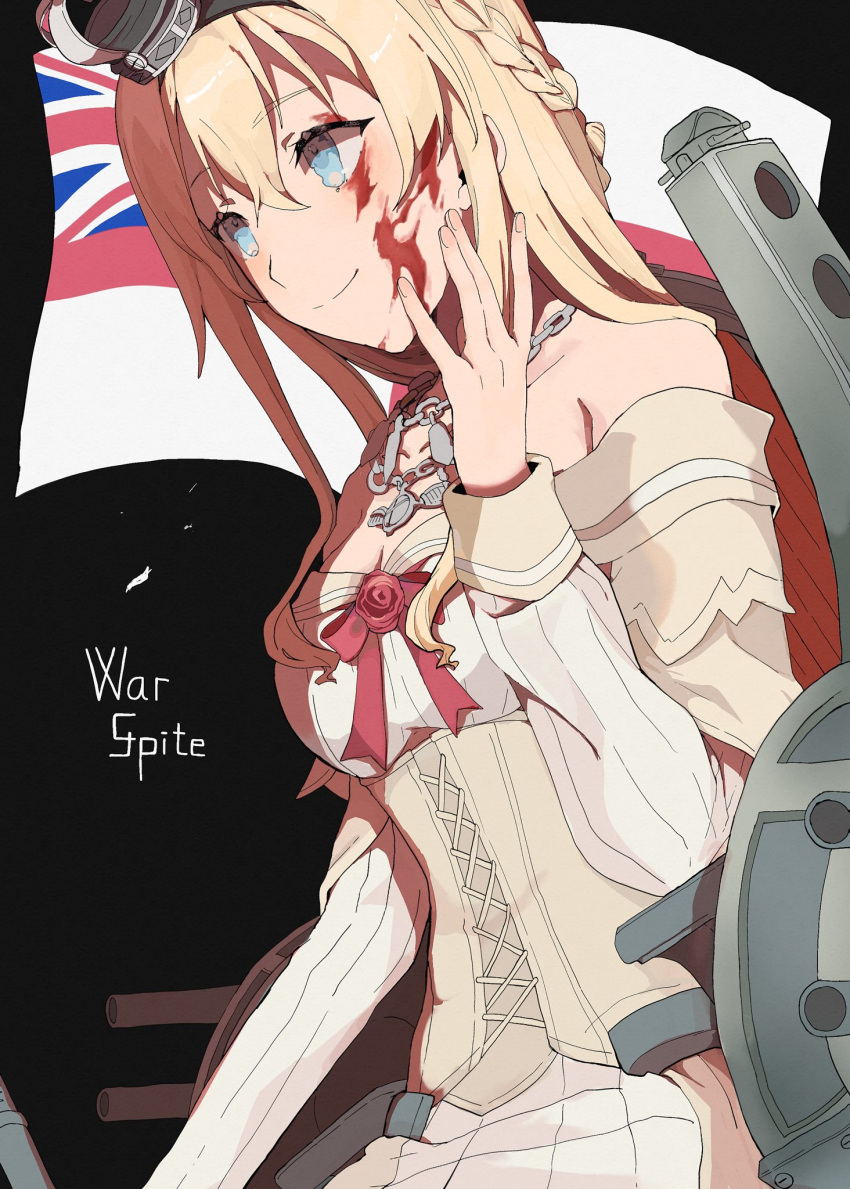 1girl aqua_eyes black_background blonde_hair blood blood_on_face bow braid breasts chair character_name closed_mouth crown dress flag french_braid highres jewelry kantai_collection long_hair long_sleeves medium_breasts mini_crown necklace off-shoulder_dress off_shoulder red_bow rigging shamomo sitting smile solo turret warspite_(kancolle)