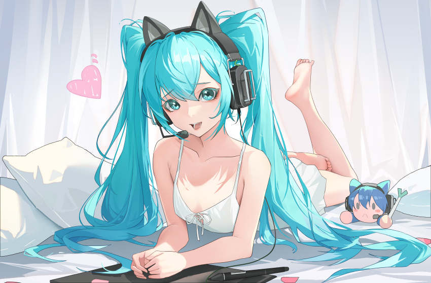 1girl :d absurdres animal_ear_headphones animal_ears aqua_eyes aqua_hair bare_arms bare_legs bare_shoulders barefoot blue_hair breasts camisole cat_ear_headphones character_doll chinese_commentary collarbone curtains dress fake_animal_ears feet foot_up hair_between_eyes hatsune_miku headphones headset heart highres kongtoulaotou long_hair looking_at_viewer lying microphone nesoberi on_bed on_stomach open_mouth pillow sleeveless small_breasts smile soles solo spaghetti_strap spring_onion the_pose toes twintails very_long_hair vocaloid white_camisole white_dress