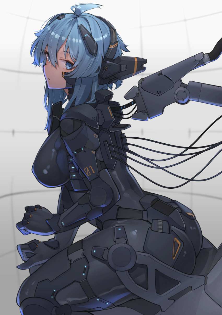 1girl absurdres ahoge ass blue_eyes blue_hair breasts hair_ornament headphones highres large_breasts looking_at_viewer numbered original plugsuit rabbit_ears_antenna ringobatake short_hair solo thighs wire