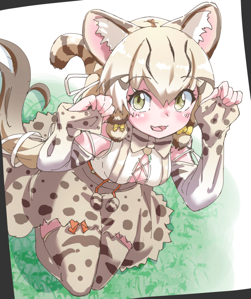 1girl absurdres animal_ears bow bowtie cat_ears cat_girl cat_tail extra_ears geoffroy's_cat_(kemono_friends) green_eyes grey_hair highres kemono_friends kemono_friends_v_project long_hair looking_at_viewer lowlandgorilla outdoors ribbon shirt skirt solo suspenders tail thighhighs twintails virtual_youtuber