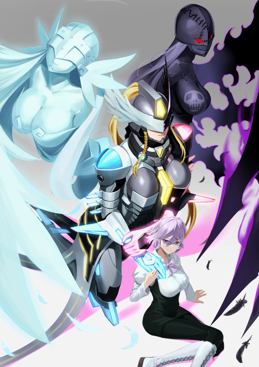 4girls absurdres angel angel_and_devil angewomon armor asymmetrical_armor asymmetrical_hair bakeneko38 black_bodysuit blonde_hair bodysuit bow bowtie braid breasts cleavage covered_eyes demon_girl digimon digimon_story:_cyber_sleuth fang glasses glowing head_wings helmet high_ponytail highres ladydevimon large_breasts long_hair mastemon mikagura_mirei multiple_girls purple_bow purple_bowtie purple_eyes purple_hair red_eyes shirt short_hair single_braid sitting smile watermark white_shirt wings