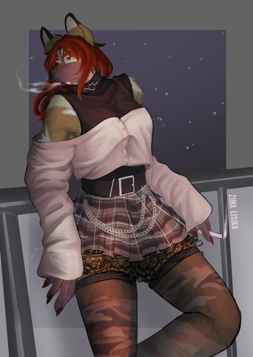 african_wild_dog anthro bottomwear breasts canid canine cigarette clothed clothing digital_media_(artwork) dog_tags female fur hair hi_res legwear lisikazima mammal night red_eyes red_hair simple_background skirt smoke smoke_from_mouth smoking smoking_cigarette solo stockings stoking teeth trans_(lore) trans_woman_(lore) transexual