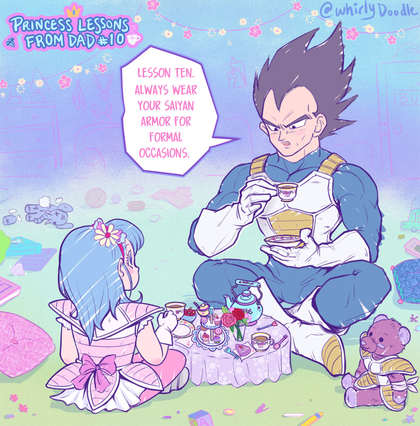 1boy 1girl adapted_costume black_eyes black_hair blue_eyes blue_hair boots bra_(dragon_ball) child child's_drawing commentary cup dragon_ball dragon_ball_super english_commentary english_text father_and_daughter flower gloves hair_flower hair_ornament highres holding holding_cup holding_saucer indian_style medium_hair pencil pillow plate saiyan_armor saucer sitting spoon stuffed_animal stuffed_elephant stuffed_toy table tea_party teacup teapot teddy_bear toy_car twitter_username vegeta whirlydoodle white_footwear white_gloves x_x