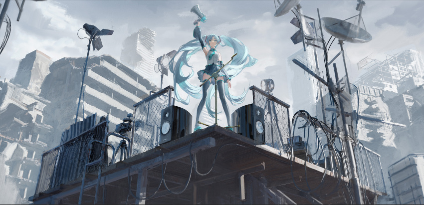 1girl abandoned absurdres arm_at_side arm_up ata-zhubo bare_shoulders black_skirt black_thighhighs blue_eyes blue_hair blue_necktie chain-link_fence city cloud cloudy_sky collared_shirt day detached_sleeves fence floating_hair grey_sky hatsune_miku highres holding holding_megaphone long_hair long_sleeves megaphone miniskirt necktie outdoors outstretched_arm pleated_skirt post-apocalypse railing rooftop ruins satellite_dish scenery shirt sidelocks skirt sky sleeveless sleeveless_shirt solo speaker studio_lights thighhighs twintails very_long_hair vocaloid white_shirt wide_shot zettai_ryouiki