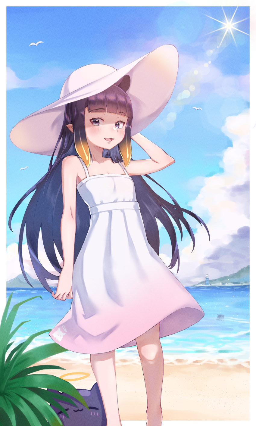 1girl :d absurdres bare_shoulders beach bird blue_sky blunt_bangs blush border cloud collarbone commentary_request cumulonimbus_cloud day diffraction_spikes dress eyelashes fang feet_out_of_frame gradient_dress gradient_hair hand_up hat highres hololive hololive_english kiwwwwwi lens_flare lighthouse long_hair looking_at_viewer mole mole_under_eye mountainous_horizon multicolored_hair ninomae_ina'nis ocean open_mouth orange_hair outdoors outside_border pink_dress pointy_ears purple_eyes purple_hair sand sidelocks sky sleeveless sleeveless_dress smile solo standing sun sun_hat sundress takodachi_(ninomae_ina'nis) tentacle_hair very_long_hair virtual_youtuber water white_border white_dress white_headwear