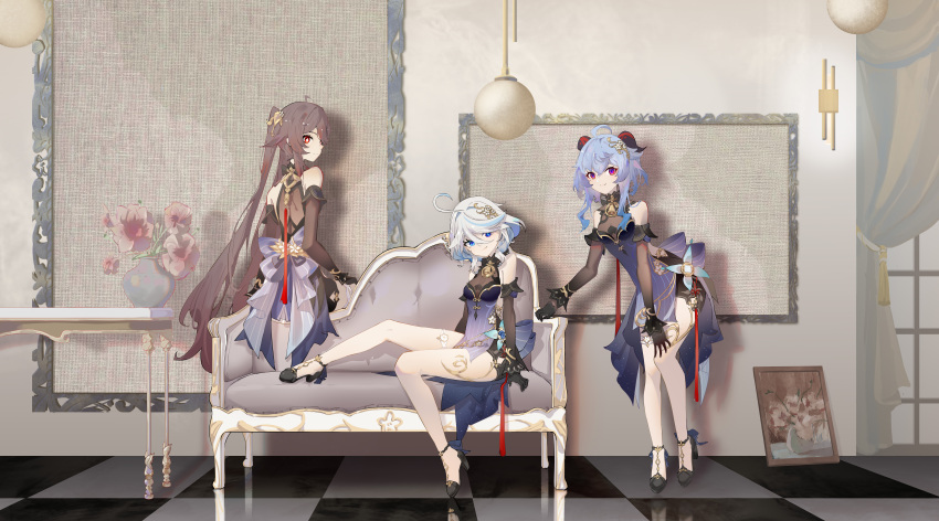 3girls absurdres ahoge alternate_costume back_bow black_gloves blue_dress blue_eyes blue_hair bow breasts brown_hair couch crossed_bangs curtains dress elbow_gloves flat_chest flower furina_(genshin_impact) ganyu_(genshin_impact) genshin_impact gloves goat_horns gold_trim gradient_hair hair_between_eyes hair_flower hair_intakes hair_ornament high_heels highres horns hu_tao_(genshin_impact) indoors long_hair looking_at_viewer multicolored_hair multiple_girls on_couch purple_eyes qixia short_hair sidelocks sitting sleeveless sleeveless_dress small_breasts smile swept_bangs twintails vase very_long_hair white_hair