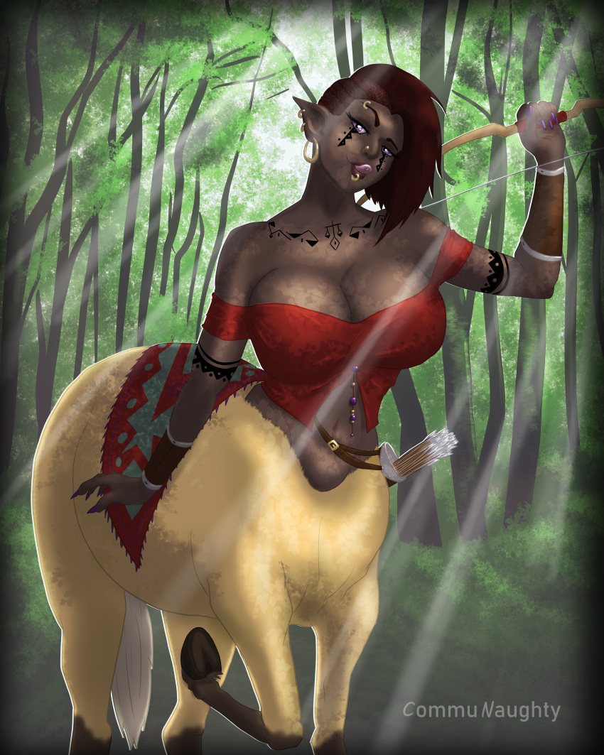 absurd_res armor black_hair bow_(weapon) bracers centaur communaughty dark_body dark_skin ear_piercing equid equid_taur eyebrow_piercing facial_piercing female forest forest_background fur hair hi_res hooves humanoid_taur lip_piercing mammal mammal_taur multiple_piercings nature nature_background navel nose_piercing piercing plant purple_eyes ranged_weapon solo tattoo taur tongue tongue_out tongue_piercing tree tribal tribal_tattoo weapon yellow_body yellow_fur