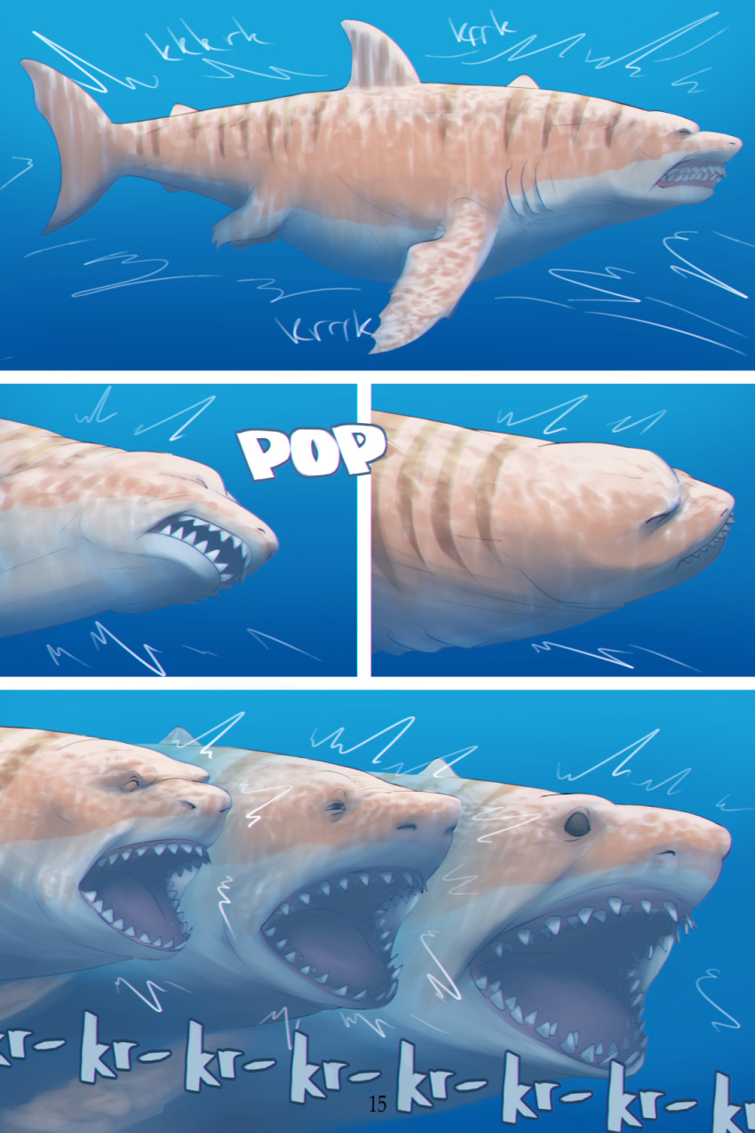 2:3 anthro_to_feral awarebear caudal_fin comic curse dorsal_fin eyes_closed feral fin fish forced forced_transformation gills growth head_tilt hi_res loss_of_self male marine membrane_(anatomy) motion_lines nude onomatopoeia open_mouth sea shark shark_teeth sharp_teeth snout snout_growth solo sound_effects tail teeth text transformation transformation_by_wound transformation_sequence underwater water