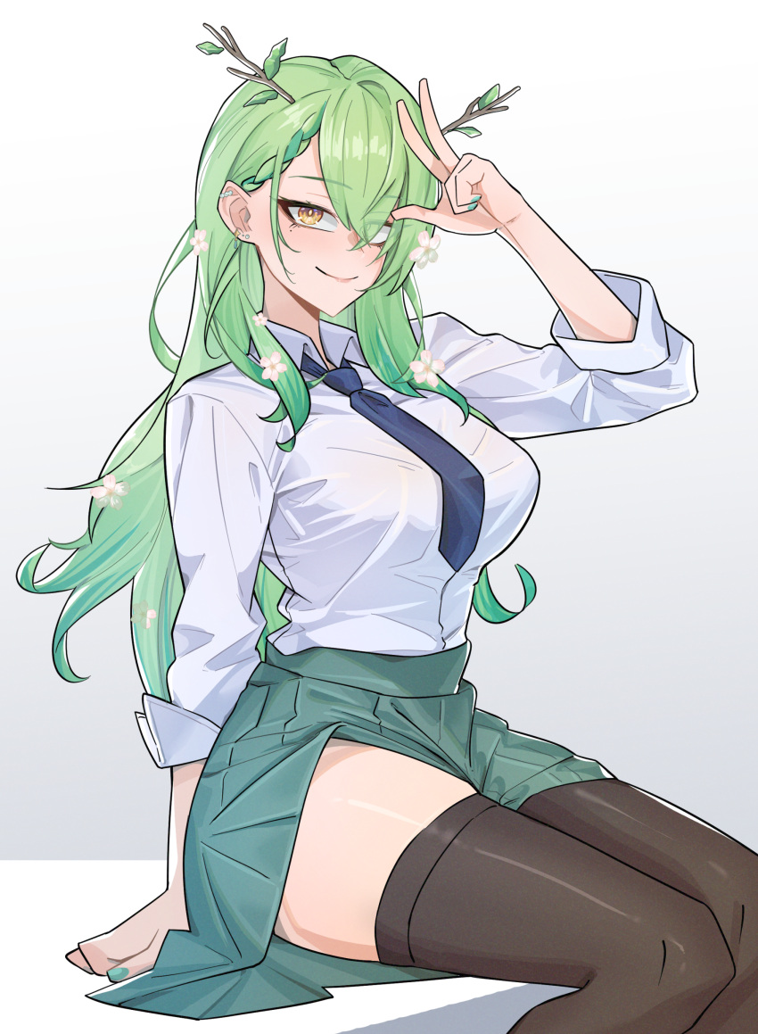 1girl absurdres alternate_costume antlers black_thighhighs blue_necktie blush braid braided_bangs breasts ceres_fauna closed_mouth collared_shirt flower green_hair green_nails green_skirt gyaru hair_between_eyes hair_flower hair_ornament hand_up highres hololive hololive_english horns jewelry large_breasts long_hair long_sleeves looking_at_viewer mole mole_under_eye multicolored_hair multiple_piercings nail_polish necktie nokaa_aru pleated_skirt shirt simple_background single_braid sitting skirt smile solo stick thighhighs thighs v very_long_hair virtual_youtuber white_background white_flower white_shirt yellow_eyes