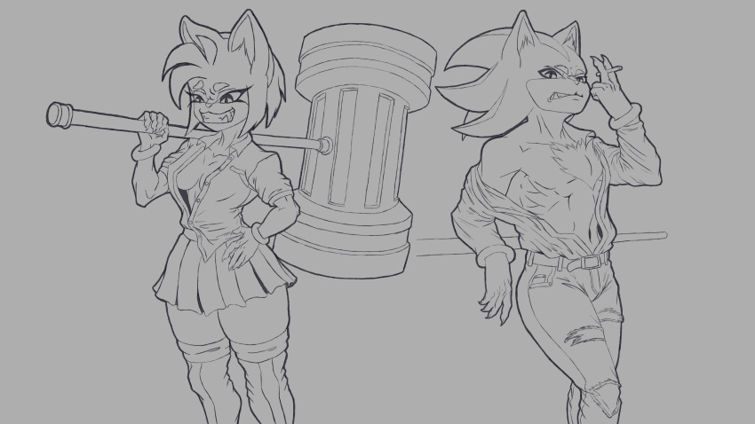 16:9 absurd_res amy_rose anthro belt bottomwear bracelet chatow_ead claws clothed clothing duo eulipotyphlan female footwear hammer hedgehog hi_res jewelry male mammal muscular muscular_anthro muscular_female muscular_male open_clothing open_shirt open_topwear pants riped_pants sega shadow_the_hedgehog shirt sketch skirt sonic_the_hedgehog_(series) tools topwear widescreen