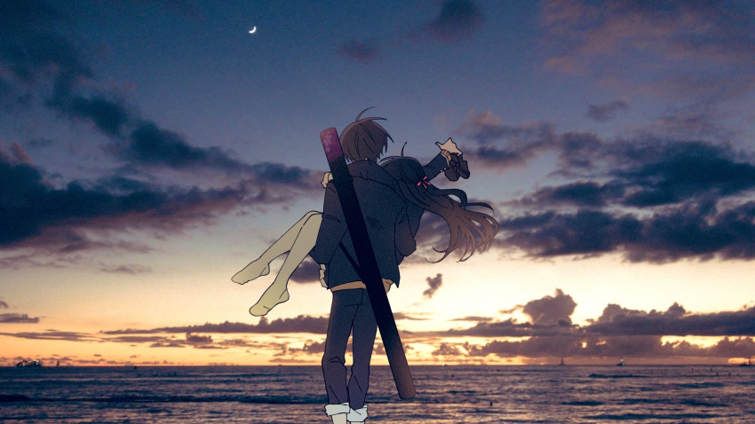 1boy 1girl arm_around_neck black_jacket black_pants blazer braid brown_hair carrying cloud cloudy_sky crescent_moon evening facing_ahead feet feet_out_of_frame floating_hair french_braid from_behind hair_ribbon hetero highres holding holding_shoes horizon jacket kenmochi_touya knees_together_feet_apart landscape loafers long_hair moon night night_sky nijisanji no_shoes ocean orange_shirt outdoors pants pants_rolled_up pantyhose photo_(medium) pink_ribbon princess_carry ribbon scabbard scenery school_uniform sheath shirt shoes sky straight_hair tsukino_mito virtual_youtuber water weapon weapon_case weapon_on_back white_pantyhose wide_shot yuuzai