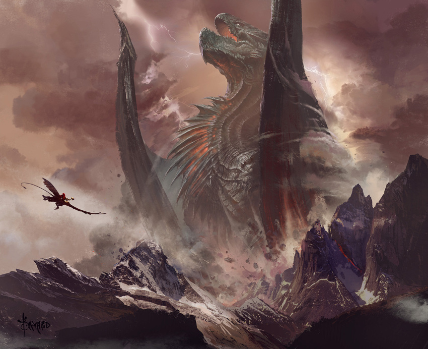 1other ambiguous_gender artist_name bayard_wu cloud cloudy_sky colossus commentary debris dragon english_commentary fantasy flying landscape lightning monster mountain open_mouth orange_sky original outdoors realistic scenery sharp_teeth sky teeth very_wide_shot western_dragon wings