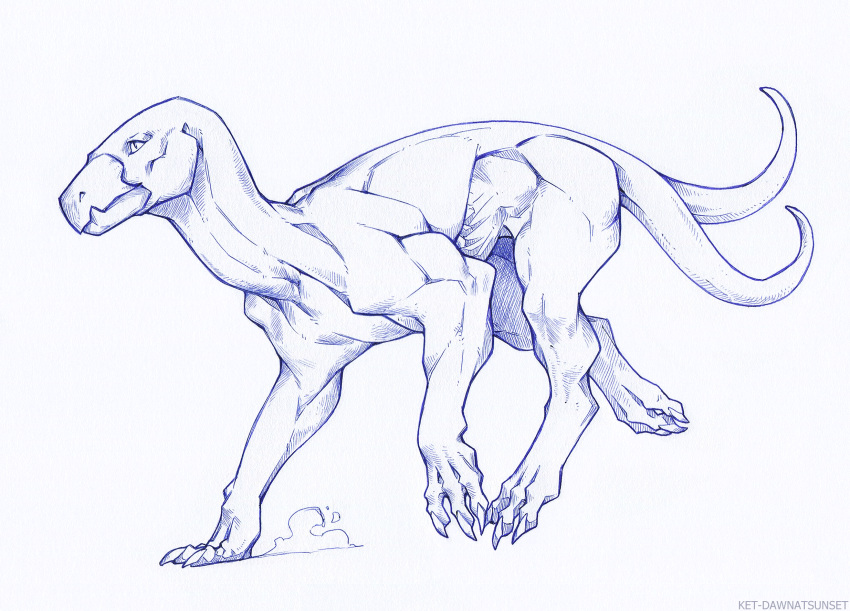 2023 2_tails 3_toes ambiguous_gender artist_name beak claws feet feral hellhound_(zdnoz) hi_res jagged_beak ket-dawnatsunset monochrome multi_tail muscular muscular_feral pen_(artwork) pose running simple_background sketch solo tail text toes toothed_beak traditional_media_(artwork) white_background