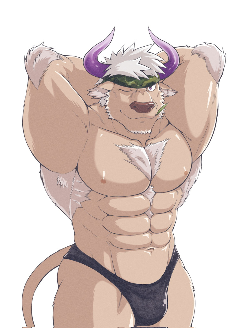 abs accessory anthro body_hair bovid bovine brown_body brown_fur bulge cattle chest_hair clothed clothing fur headband hi_res lifewonders male mammal muscular muscular_anthro nipples one_eye_closed orange-lin pecs shennong solo speedo swimwear tokyo_afterschool_summoners topless wink