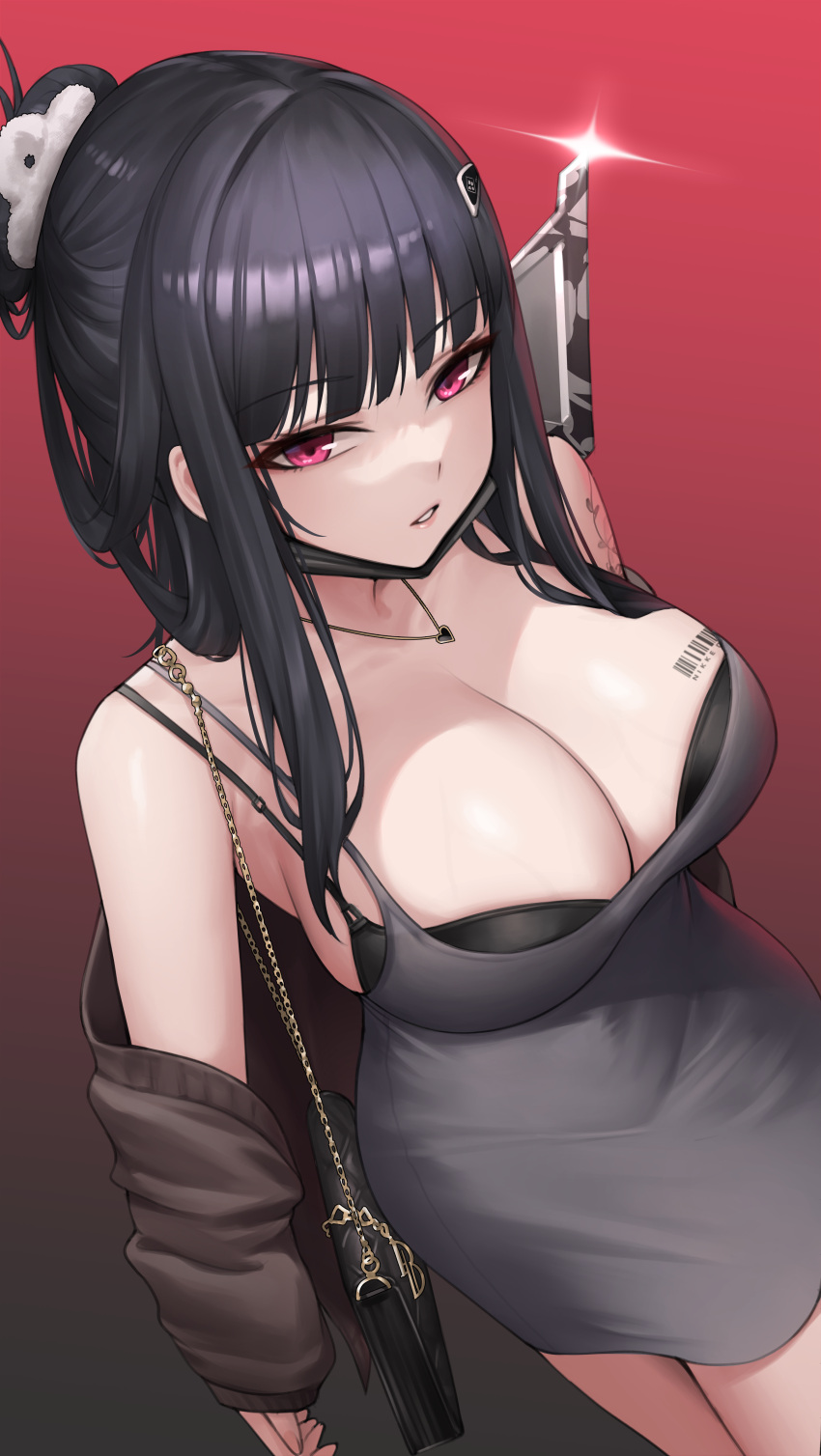 1girl absurdres barcode barcode_tattoo bare_shoulders black_bag black_hair breasts cleavage d_(killer_wife)_(nikke) d_(nikke) dress goddess_of_victory:_nikke gradient_background grey_dress hair_ornament heart heart_necklace highres jewelry kurone_rinka large_breasts long_hair long_sleeves looking_at_viewer necklace off_shoulder official_alternate_costume parted_lips purple_eyes red_background simple_background solo tattoo