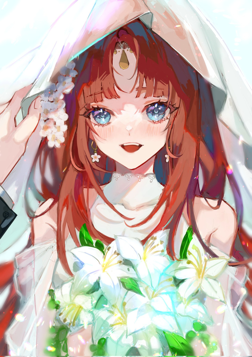 1boy 1girl alternate_costume blue_eyes blush bouquet bridal_veil dress drop_earrings earrings flower genshin_impact hair_flower hair_ornament highres holding holding_bouquet jewelry long_hair looking_ahead looking_at_viewer mayu_mey nilou_(genshin_impact) open_mouth pov red_hair simple_background sleeveless sleeveless_dress solo_focus teeth tongue upper_teeth_only veil wedding wedding_dress white_background white_dress white_flower