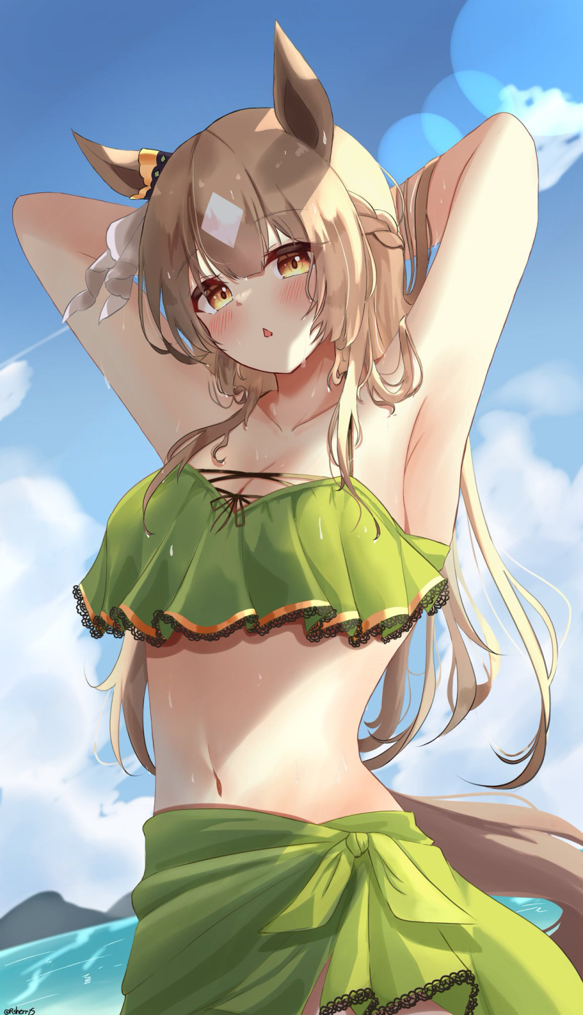 1girl alternate_costume animal_ears armpits arms_behind_back bikini blush breasts brown_eyes brown_hair cleavage cowboy_shot frilled_bikini frills green_bikini green_sarong hair_between_eyes highres horse_ears horse_girl long_hair looking_at_viewer midriff multicolored_hair naonao_(sherry) sarong satono_diamond_(umamusume) solo swimsuit twitter_username umamusume white_hair