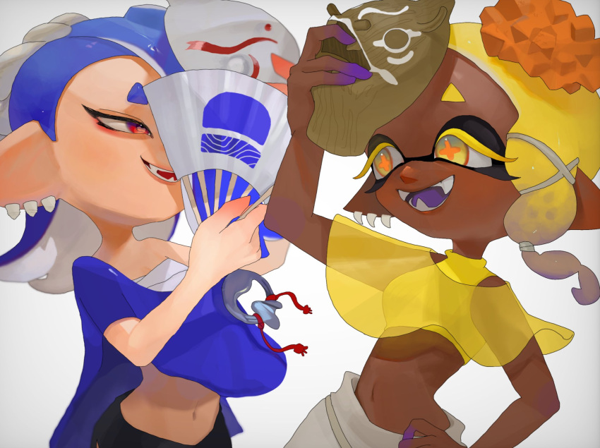 2girls :d black_pants blonde_hair blue_eyes blue_hair blue_shawl chest_sarashi colored_eyelashes commentary_request crop_top dark-skinned_female dark_skin earrings fangs frye_(splatoon) gradient_eyes hachimaki hair_ornament hand_fan hand_on_own_hip headband highres holding holding_fan holding_mask inkling jewelry long_hair looking_at_another mask mepo_1 midriff multicolored_eyes multiple_girls navel nejiri_hachimaki octoling one_eye_covered open_mouth pants pointy_ears red_eyes sarashi see-through_shawl shawl shirt shiver_(splatoon) single_bare_shoulder smile splatoon_(series) splatoon_3 star-shaped_pupils star_(symbol) suction_cups symbol-shaped_pupils tentacle_hair tooth_earrings two-tone_eyes unworn_mask upper_body white_background white_pants x_hair_ornament yellow_eyes yellow_shawl yellow_shirt
