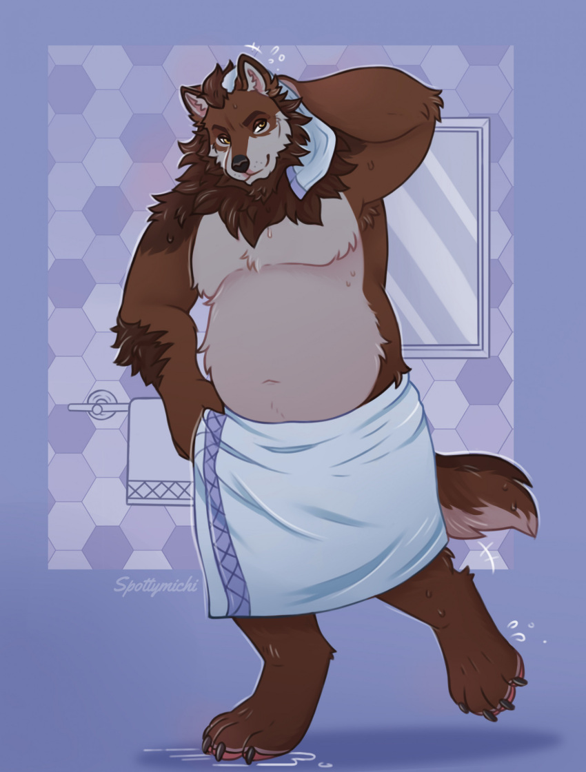 after_shower anthro bathroom belly big_belly canid canine canis digital_media_(artwork) drying fluffy hi_res male mammal overweight overweight_anthro overweight_male shower simple_background slightly_chubby smile solo solo_focus spottymichi towel towel_around_waist tuft wet wet_body wolf