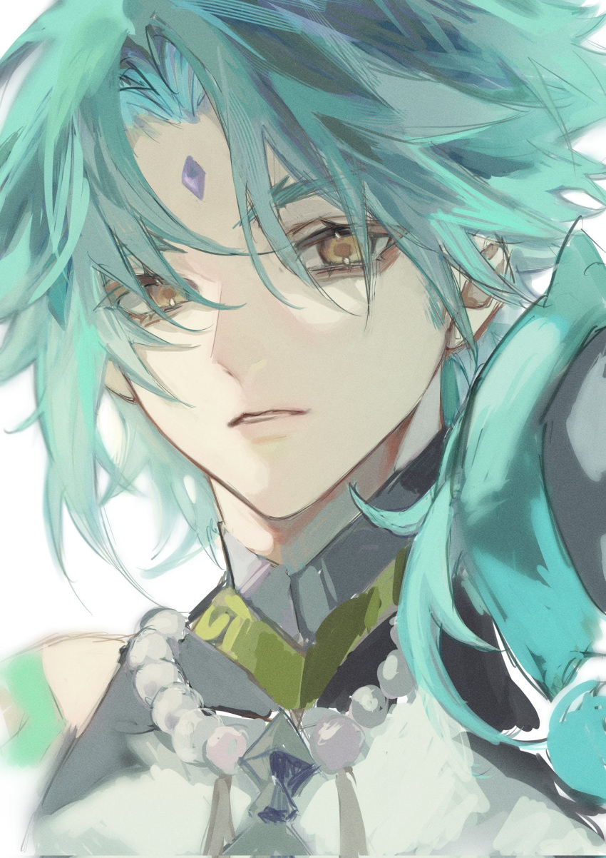 1boy aqua_hair armor facial_mark forehead_mark genshin_impact green_hair highres jewelry male_focus mayu_mey multicolored_hair necklace parted_lips pauldrons pearl_necklace portrait shirt shoulder_armor shoulder_tattoo simple_background single_bare_shoulder single_pauldron sleeveless sleeveless_shirt solo tattoo teeth two-tone_hair white_background white_shirt xiao_(genshin_impact) yellow_eyes