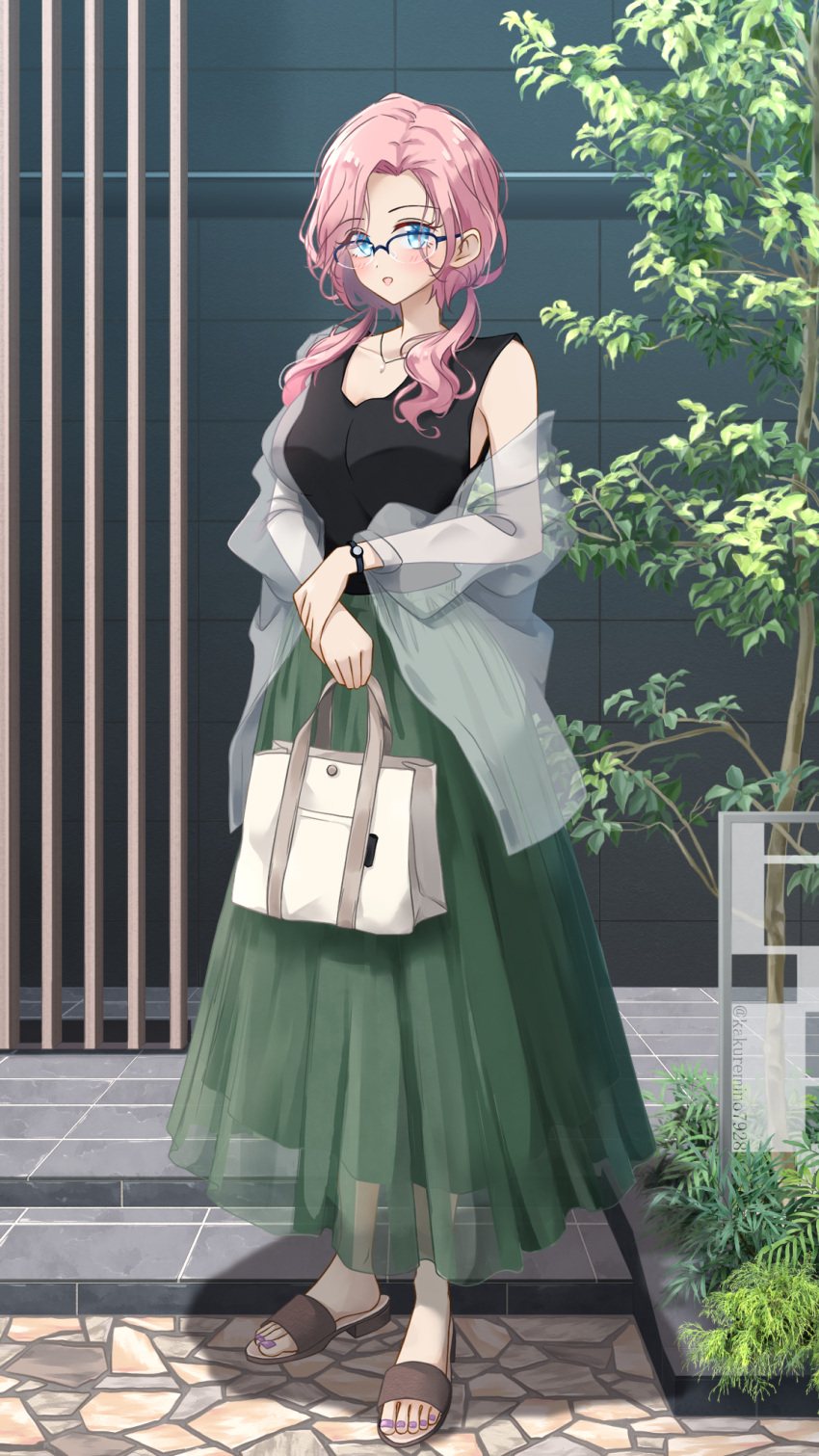 1girl bag black-framed_eyewear black_shirt blue_eyes blush breasts brown_footwear collarbone commentary day dot_nose fern full_body glasses green_skirt handbag highres holding holding_bag holding_own_arm jacket kakuremino7928 layered_skirt long_hair long_skirt looking_at_viewer low_twintails medium_breasts nail_polish off_shoulder open_clothes open_jacket open_mouth original outdoors over-rim_eyewear parted_bangs parted_hair pink_hair pleated_skirt purple_nails sandals see-through see-through_jacket see-through_skirt_layer semi-rimless_eyewear shirt skirt sleeveless sleeveless_shirt smile solo standing toenails tree twintails twitter_username watch wavy_hair white_bag wristwatch