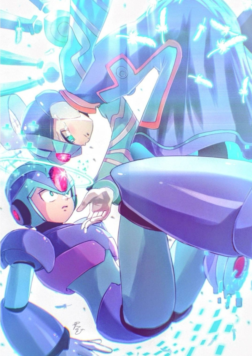 2boys armor blue_armor blue_eyes blue_headwear blue_robe cang_she cyber_elf_x_(mega_man) dilated_pupils dual_persona forehead_jewel glint glowing_feather halo heads_together highres light_rays mega_man_(series) mega_man_x_(series) mega_man_zero_(series) multiple_boys robe shoulder_armor time_paradox touching_forehead x_(mega_man)