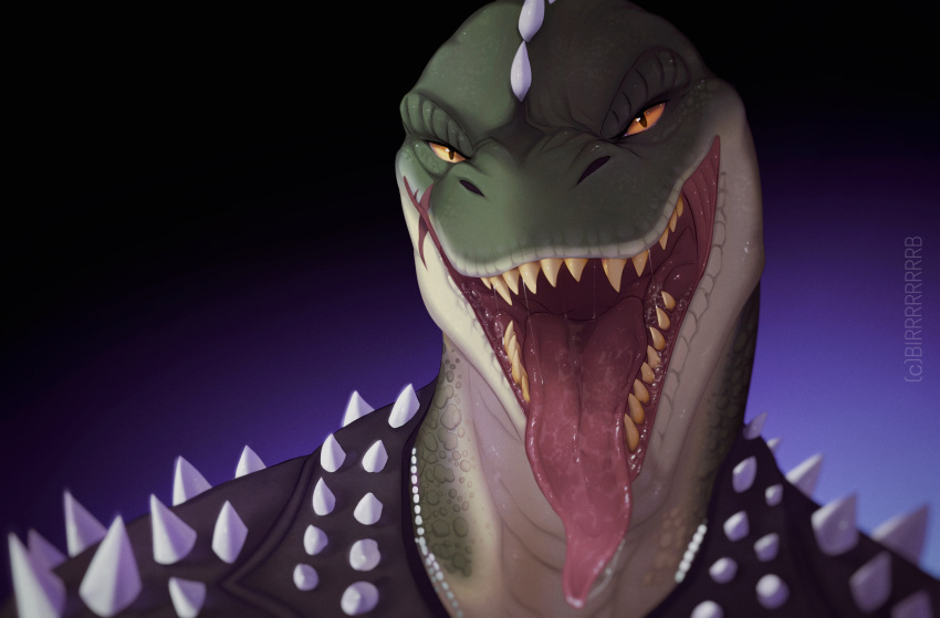 anthro birrrrrrrrb bodily_fluids clothing hi_res jacket leather leather_clothing leather_jacket leather_topwear male mouth_shot open_mouth portrait saliva scalie sharp_teeth solo spiked_jacket spikes teeth tongue tongue_out topwear